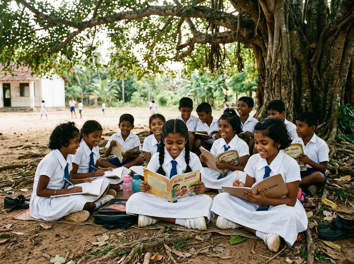 Students learning under tree